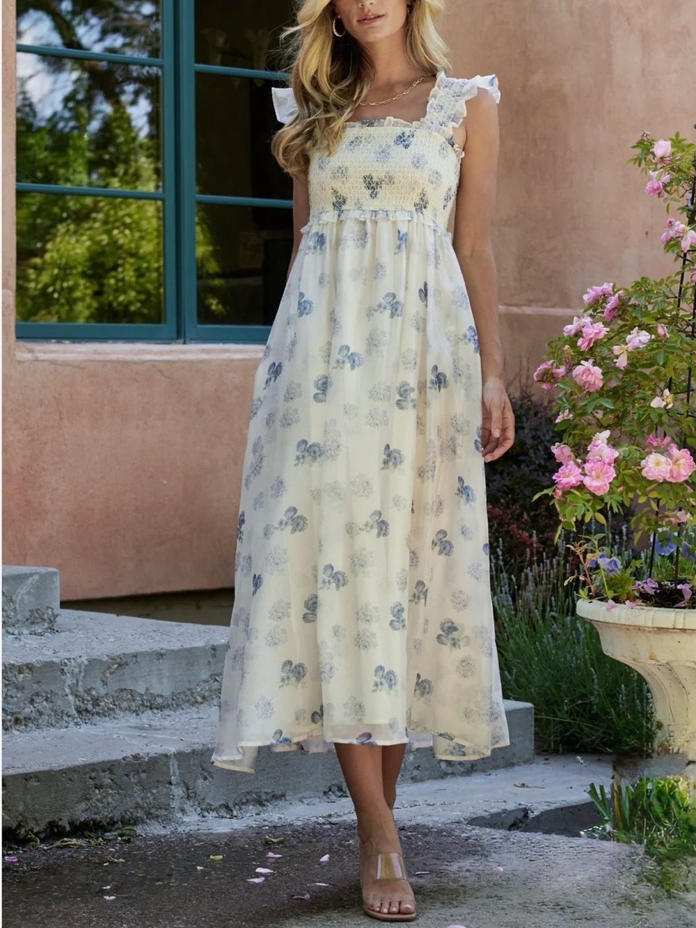 Baltic Born Phoebe Floral Cream Blue Smocked Ruffle Midi Dress Size Medium NWT